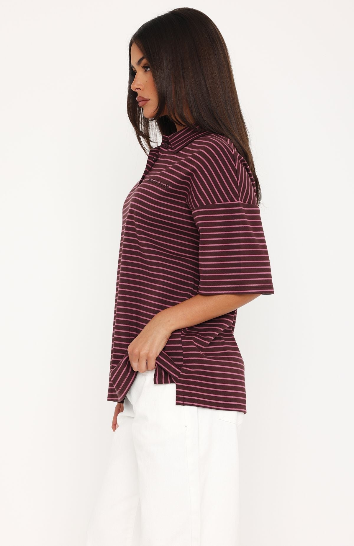 White Fox Pure Intent Oversized Short Sleeve Polo Shirt Choc / Pink Stripe