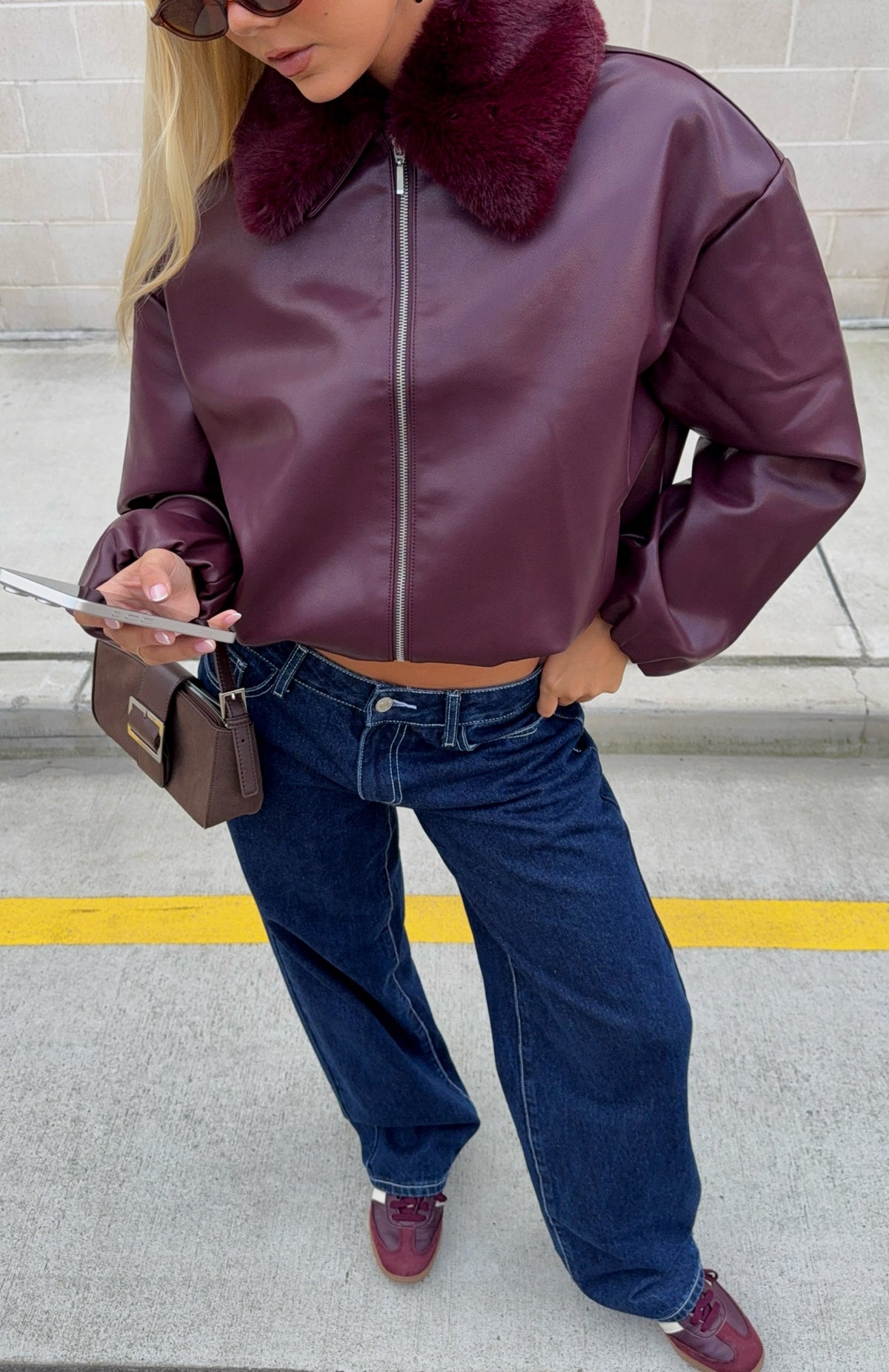 White Fox No Competition PU Bomber Jacket Burgundy