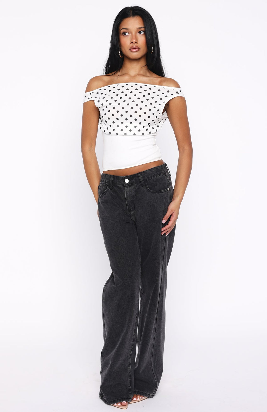 White Fox Cherry Charm Cinched Waist Top White Polka Dot