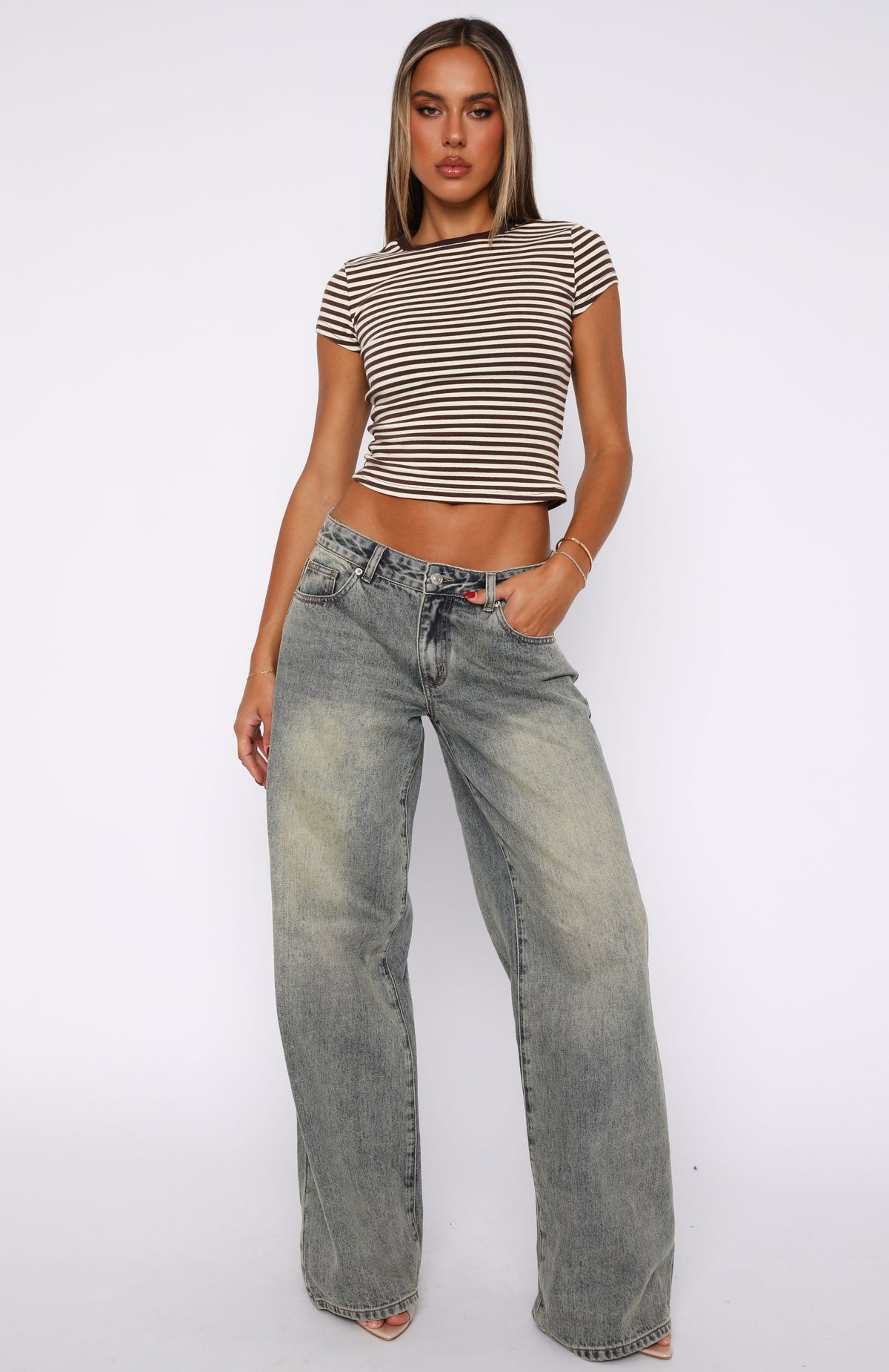 White Fox Maeve Low Rise Wide Leg Jeans Sand