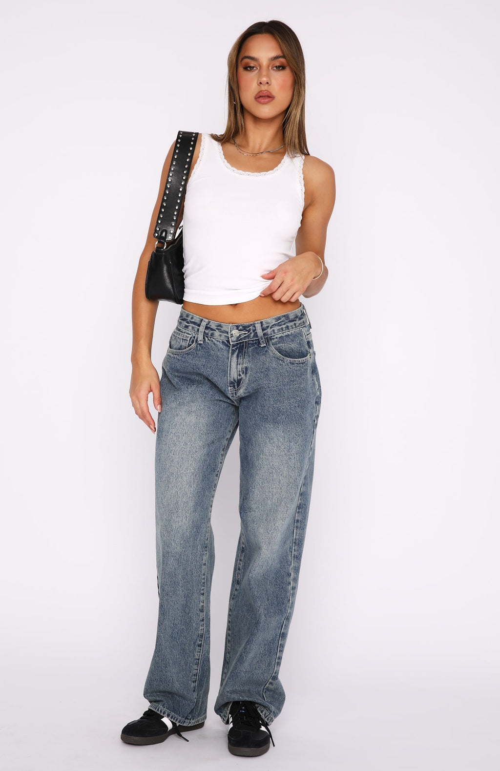 White Fox Bring The Style Low Rise Wide Leg Jeans Brown Blue Acid Wash