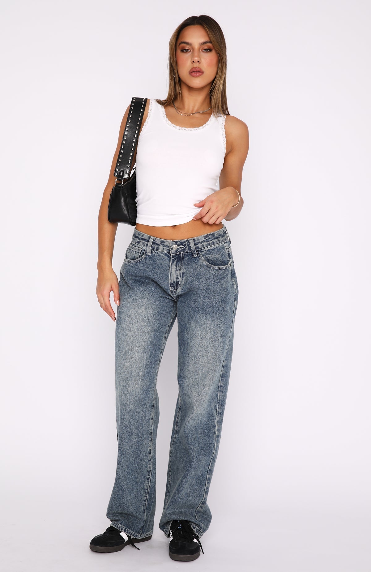 White Fox Bring The Style Low Rise Wide Leg Jeans Brown Blue Acid Wash