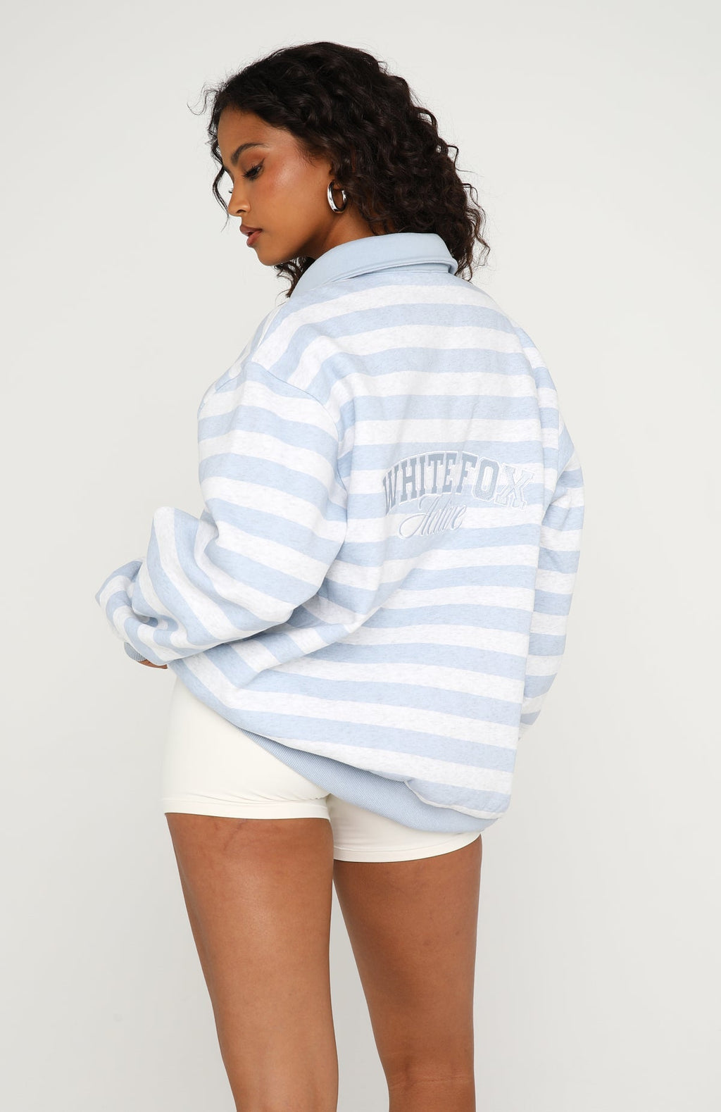 White Fox Best Influence Oversized Henley Sweater Grey Marle / Blue Stripe