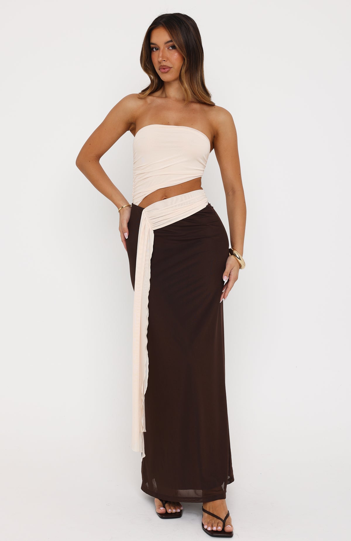 White Fox Talk About Forever Strapless Maxi Dress Oat/Chocolate