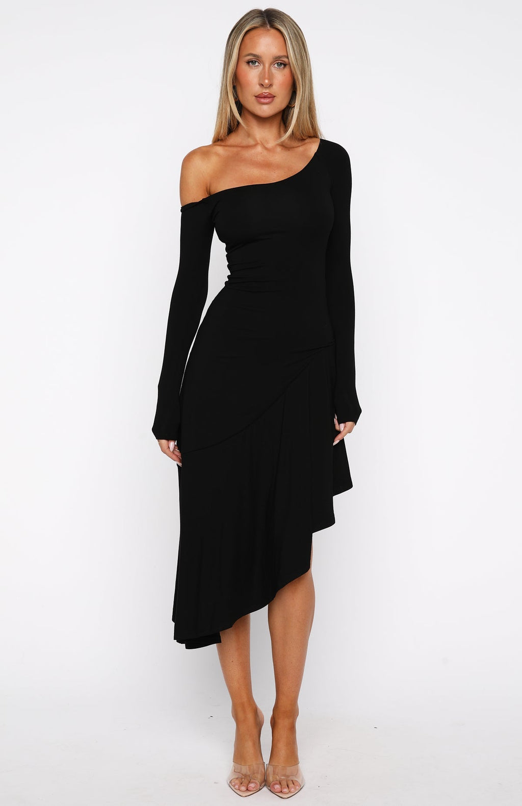White Fox After You've Gone Long Sleeve Midi Dress Black