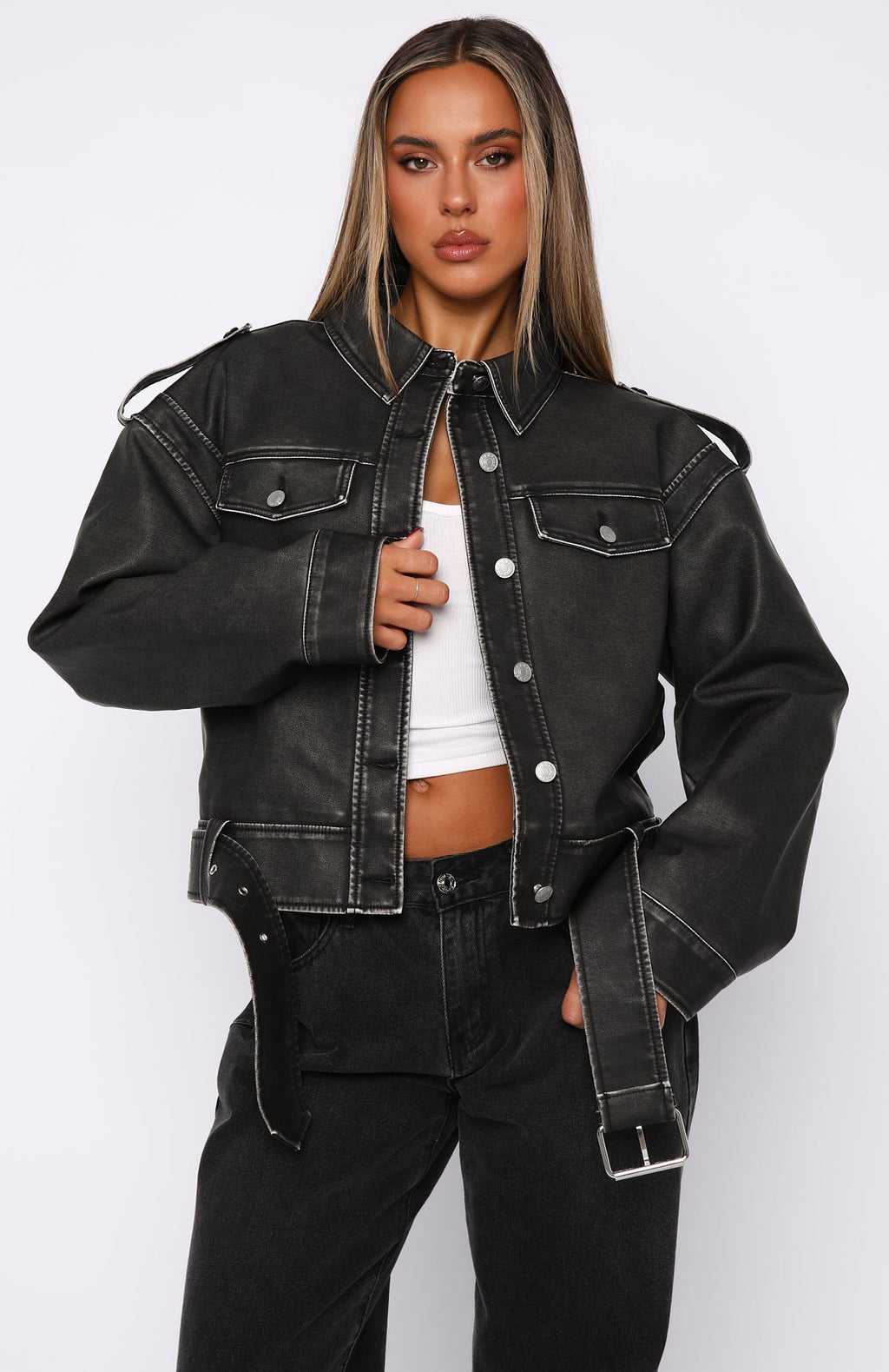 White Fox In This World PU Biker Jacket Charcoal Wash