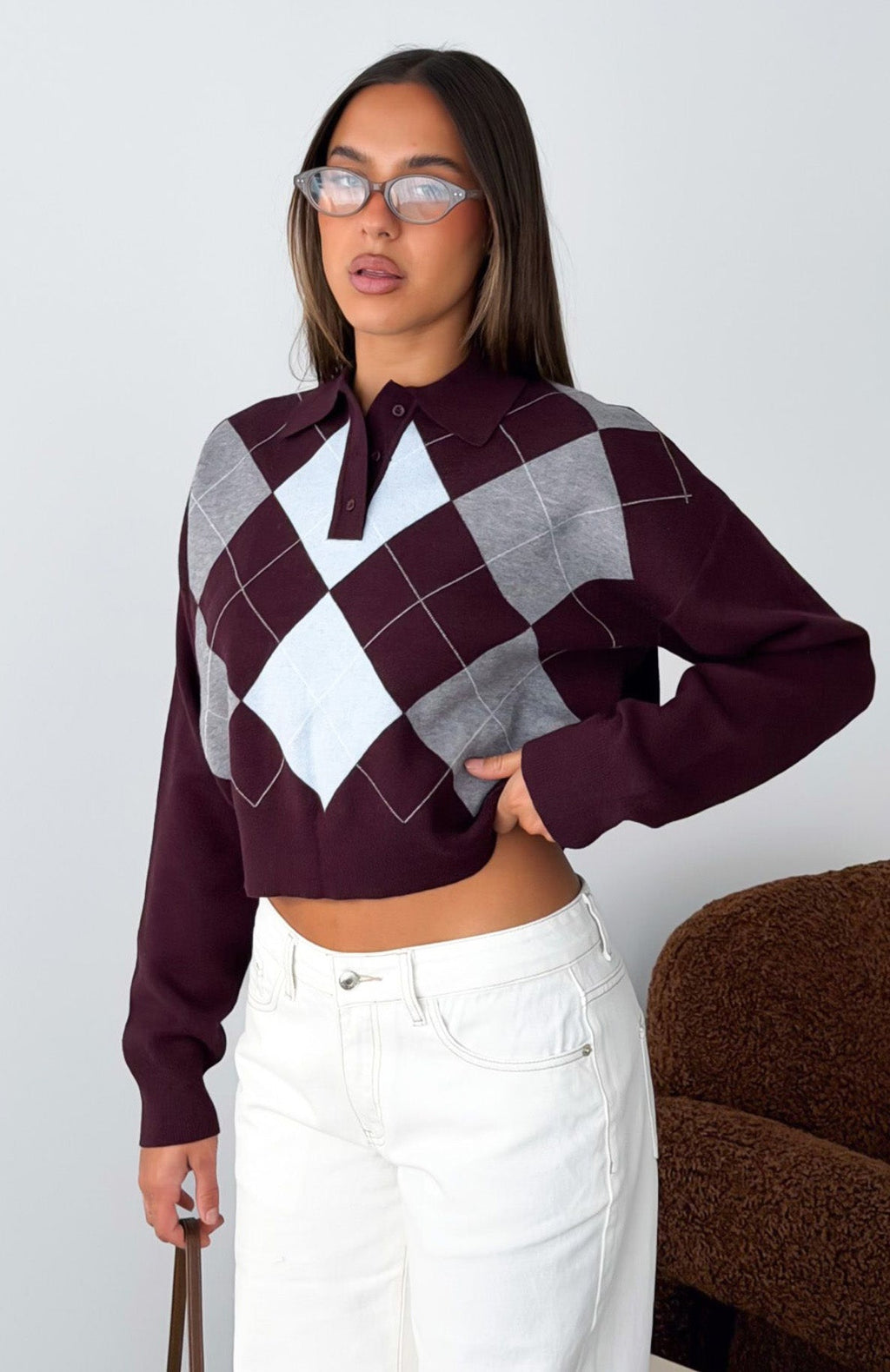 White Fox Cinzia Argyle Knit Sweater Mulled Merlot
