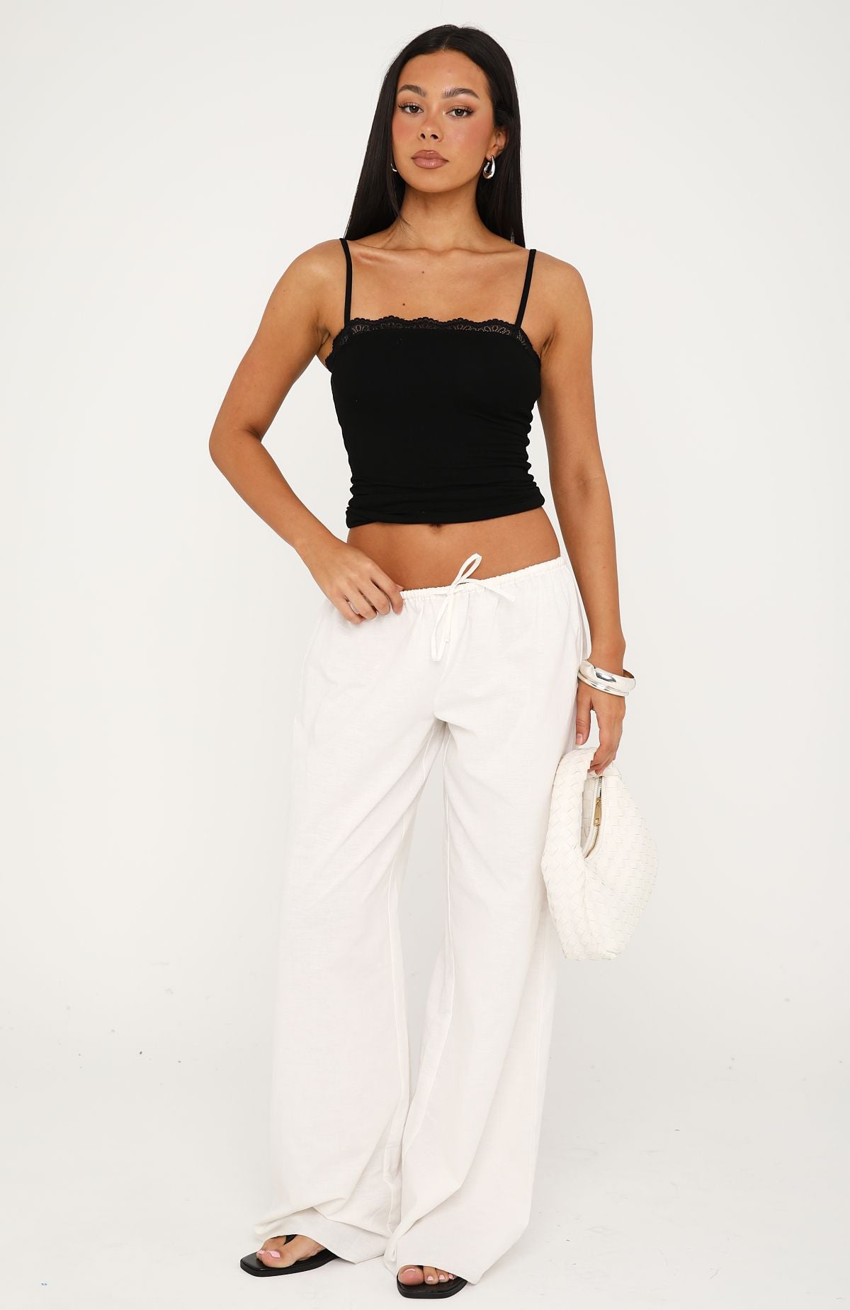White Fox Easy Love Lace Trim Tank Top Black
