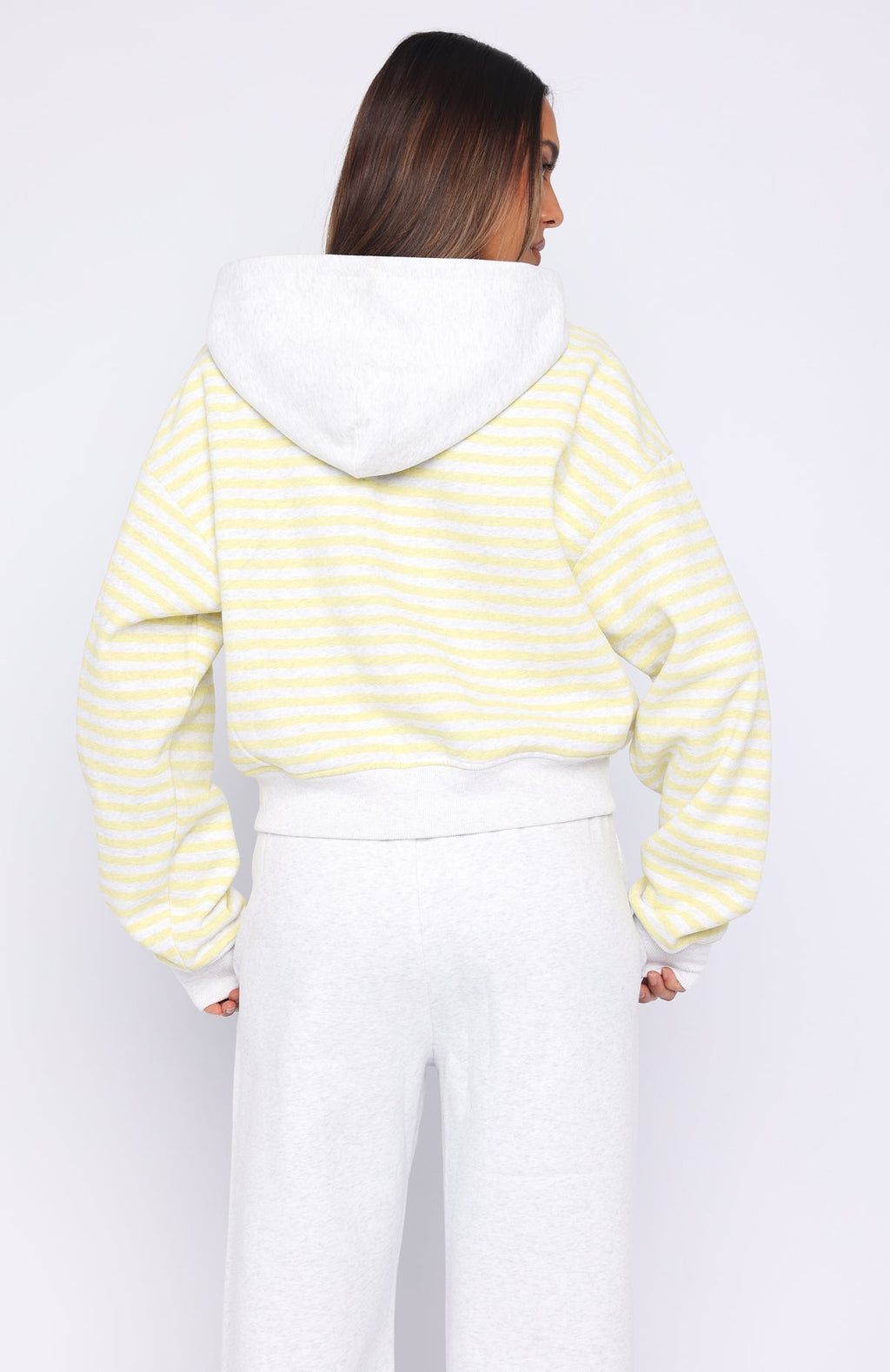 White Fox Verano Sixteen Maria Boxy Zip Front Hoodie Grey Marle/Lemon Stripe