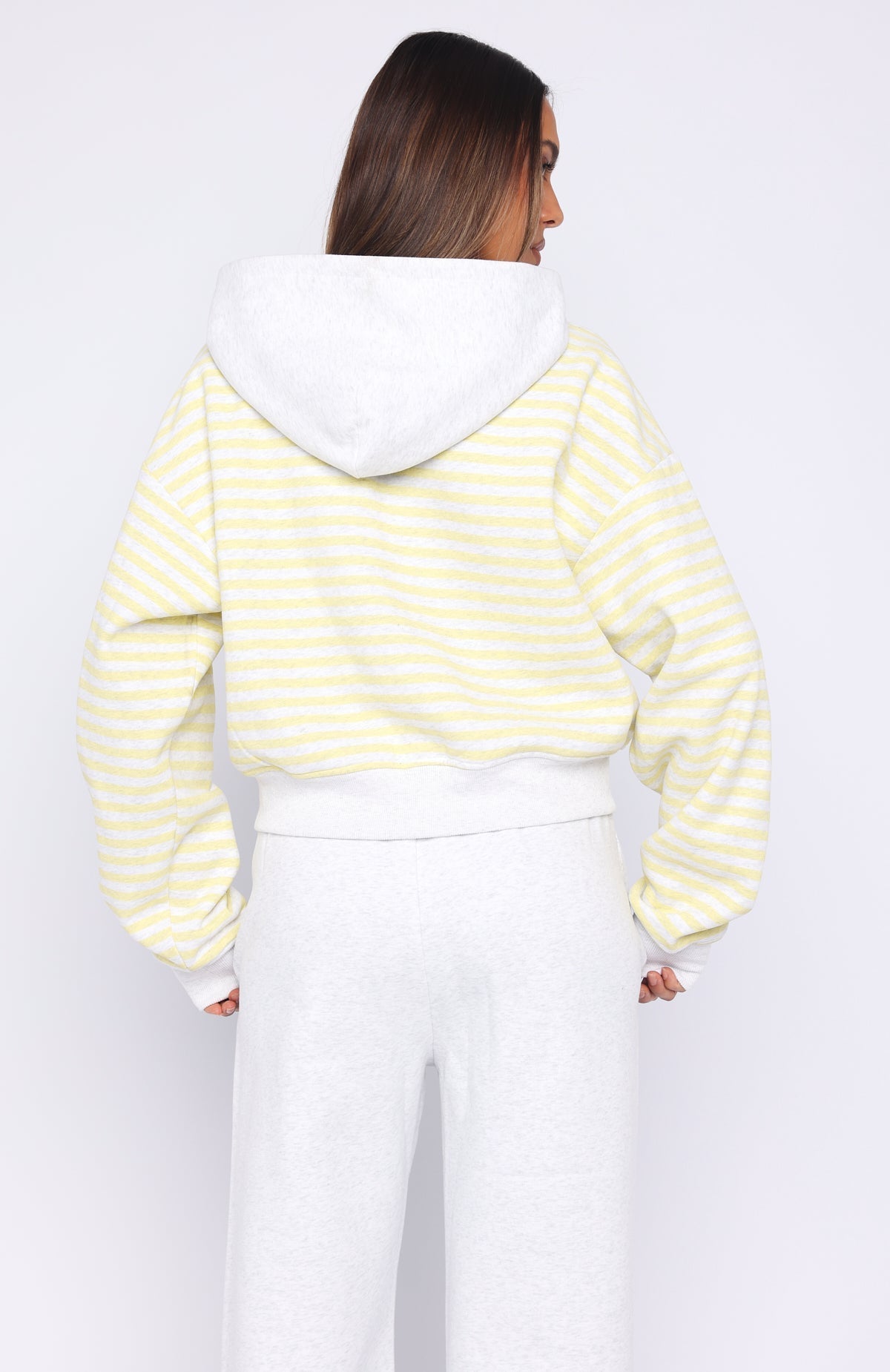 White Fox Verano Sixteen Maria Boxy Zip Front Hoodie Grey Marle/Lemon Stripe