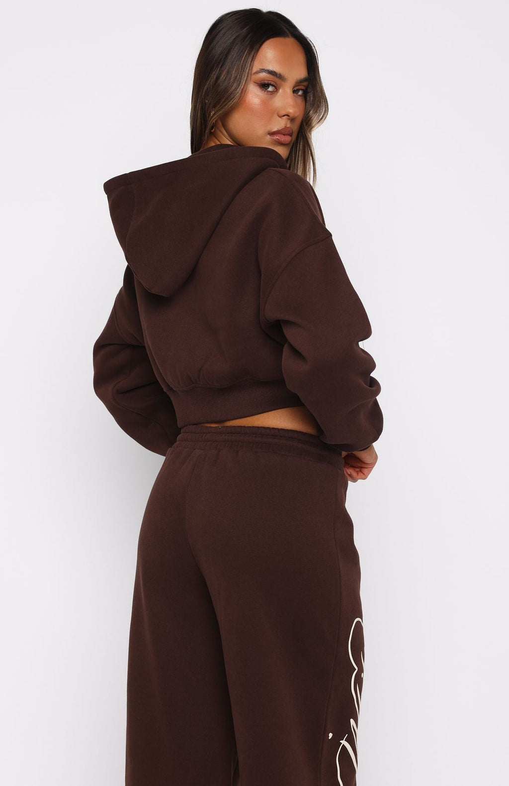 White Fox Love You Regardless Cropped Zip Front Hoodie Chocolate