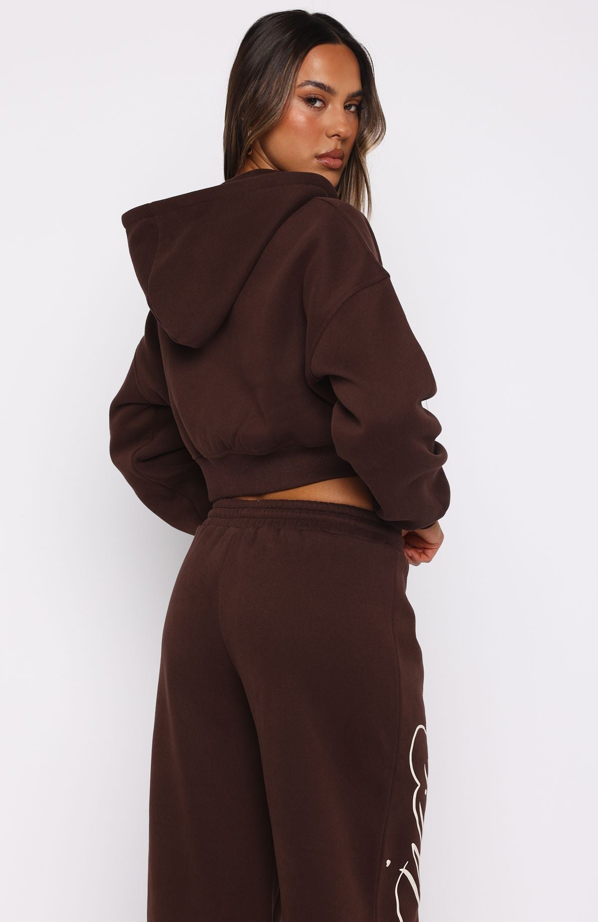 White Fox Love You Regardless Cropped Zip Front Hoodie Chocolate
