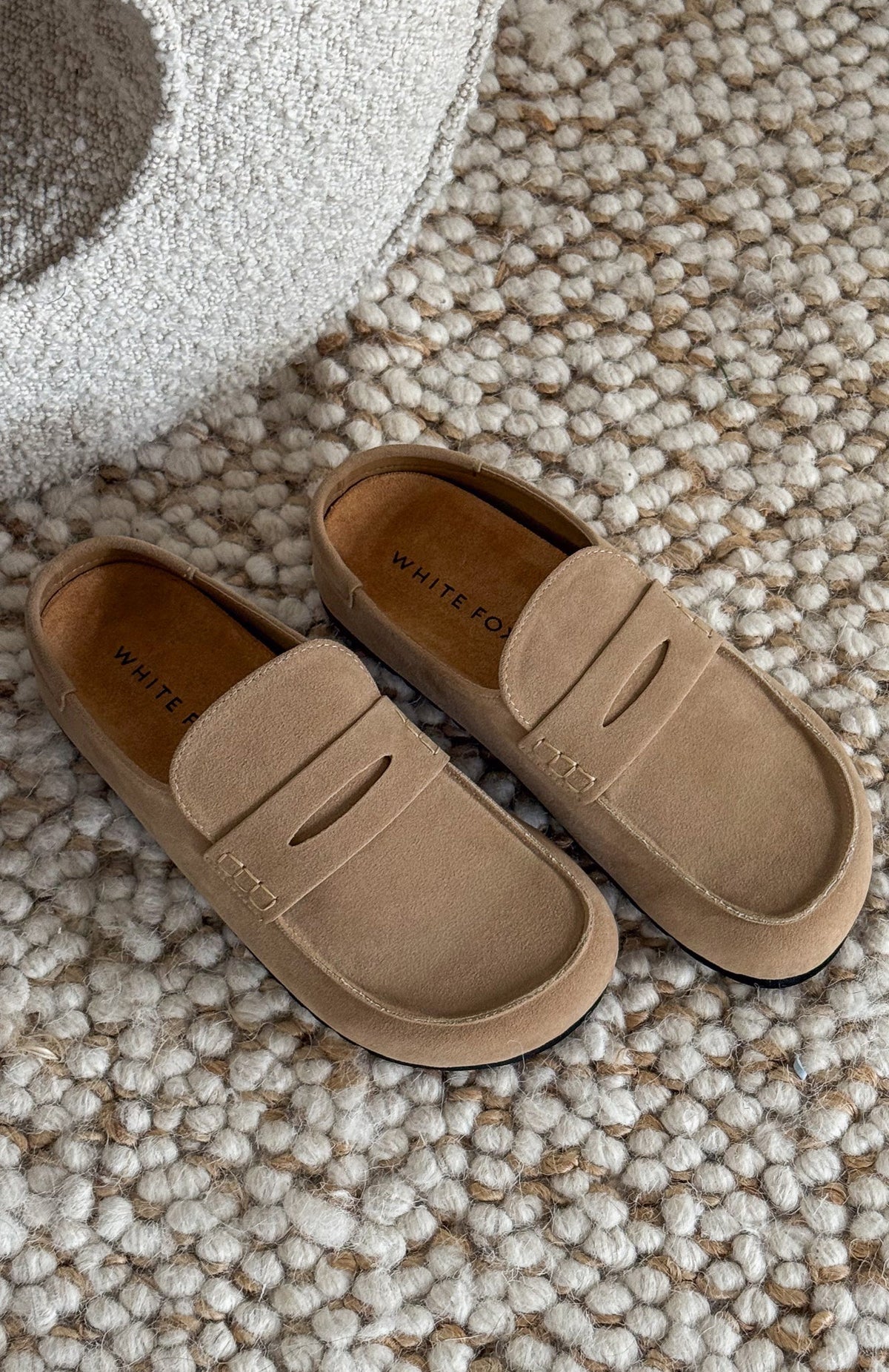 White Fox Cayson Loafer Slides Taupe Faux Suede