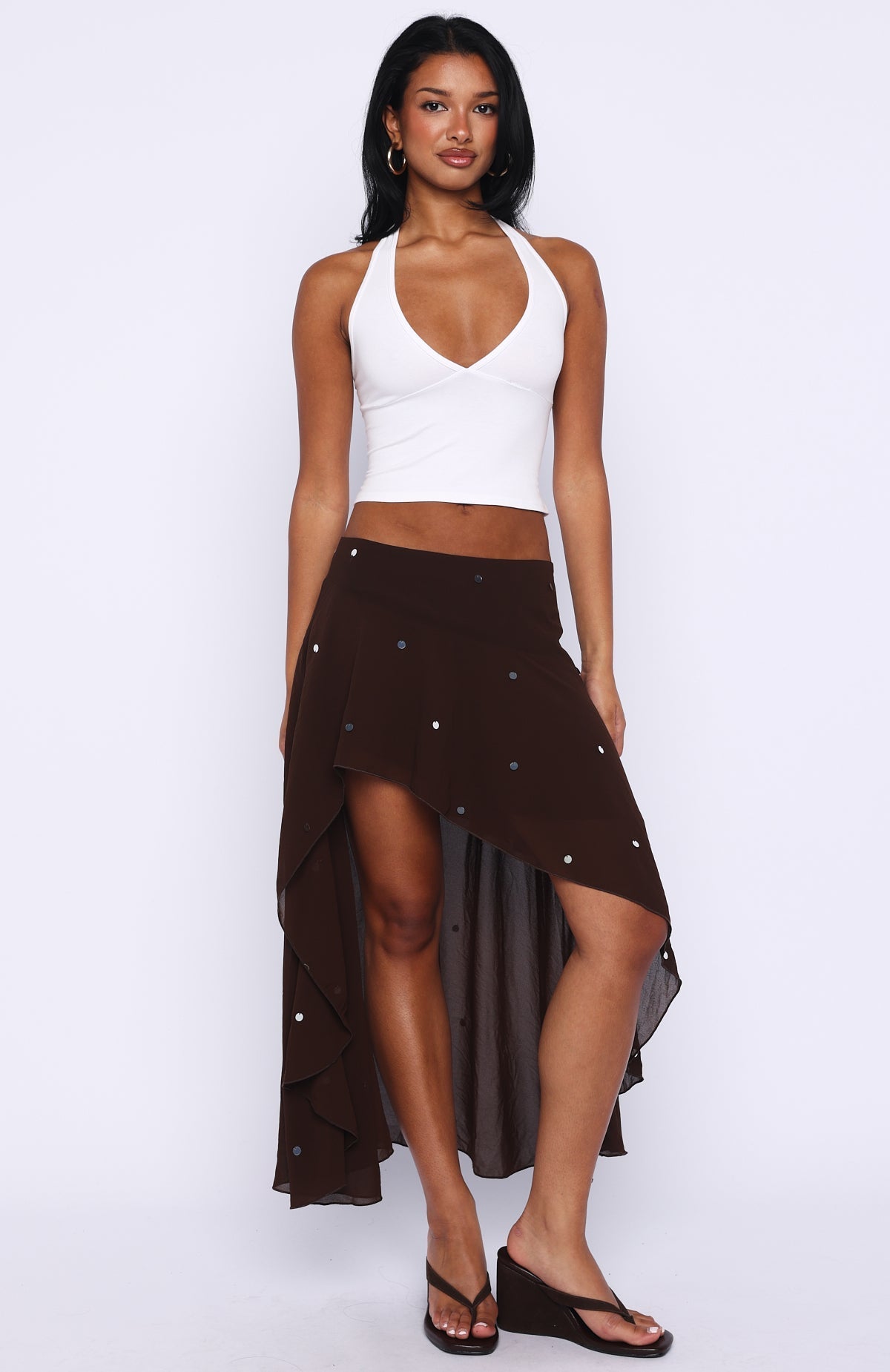 White Fox Starry Eyed Sequin Midi Skirt Chocolate
