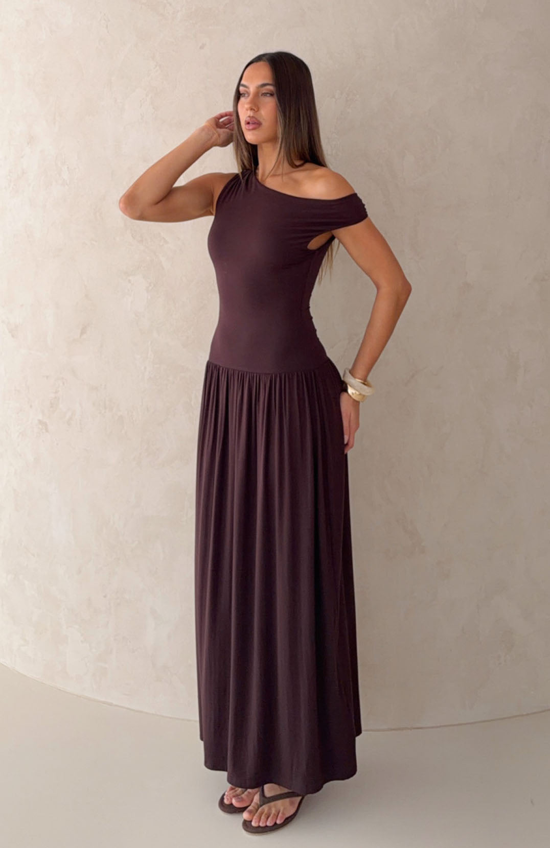 White Fox Don't Ask Off Shoulder Maxi Dress Dark Chocolate