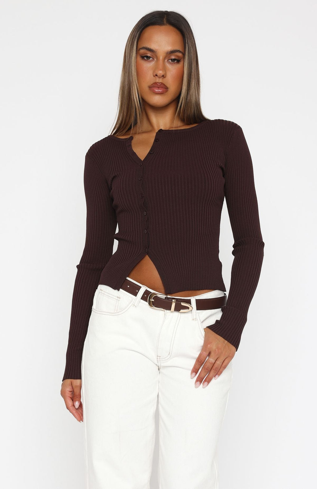 White Fox Notice Me Long Sleeve Top Chocolate