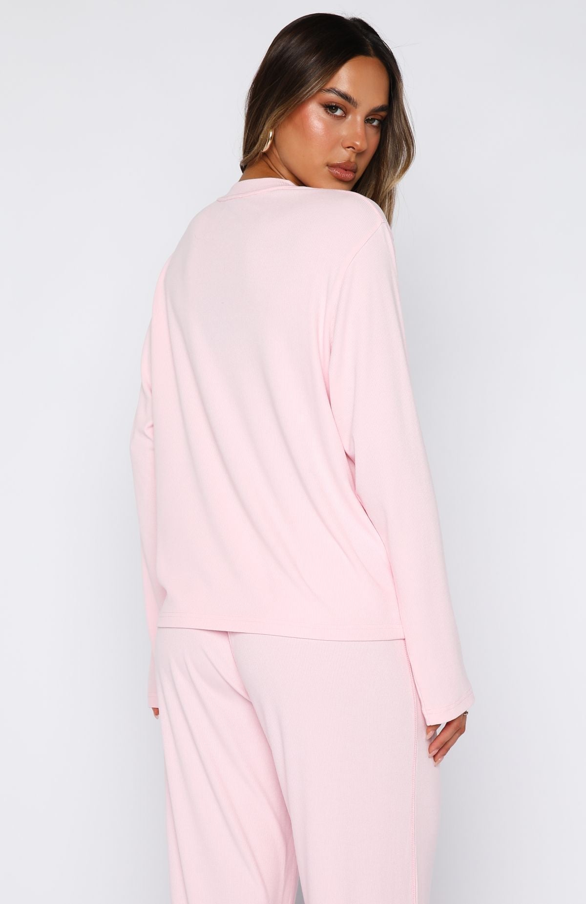 White Fox Come A Long Way Soft Lounge Relaxed Long Sleeve Ribbed Tee Pink