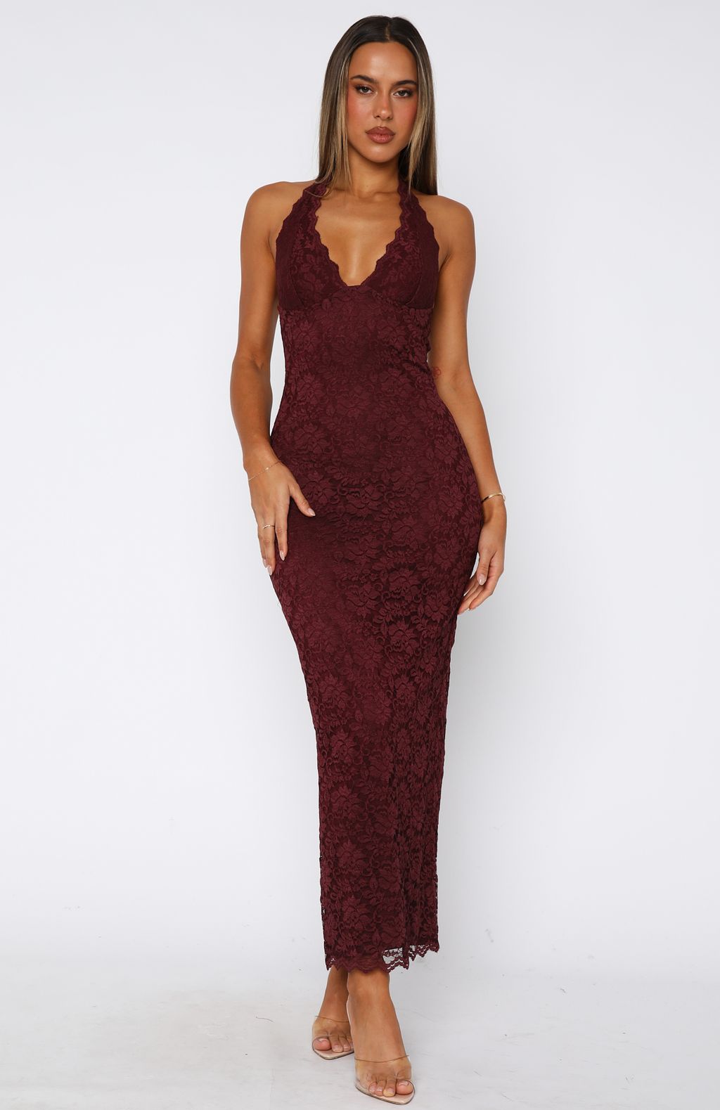 White Fox Destiny Lace Maxi Dress Burgundy