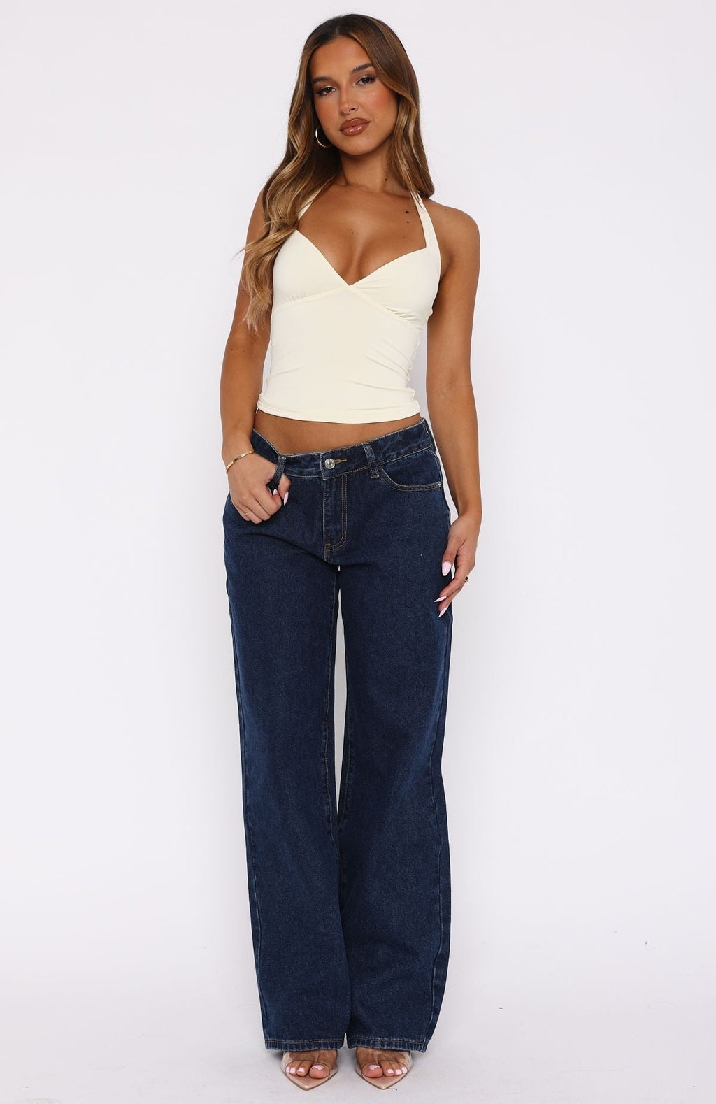White Fox Bring The Style Low Rise Wide Leg Jeans Dark Blue