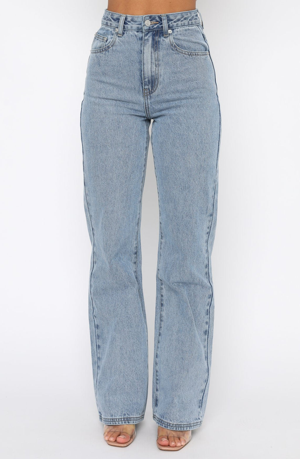 White Fox Long Way To Go High Rise Straight Leg Jeans Washed Blue