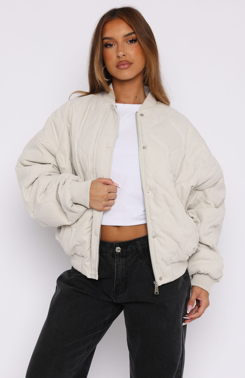 White Fox Soft Love Bomber Jacket Beige