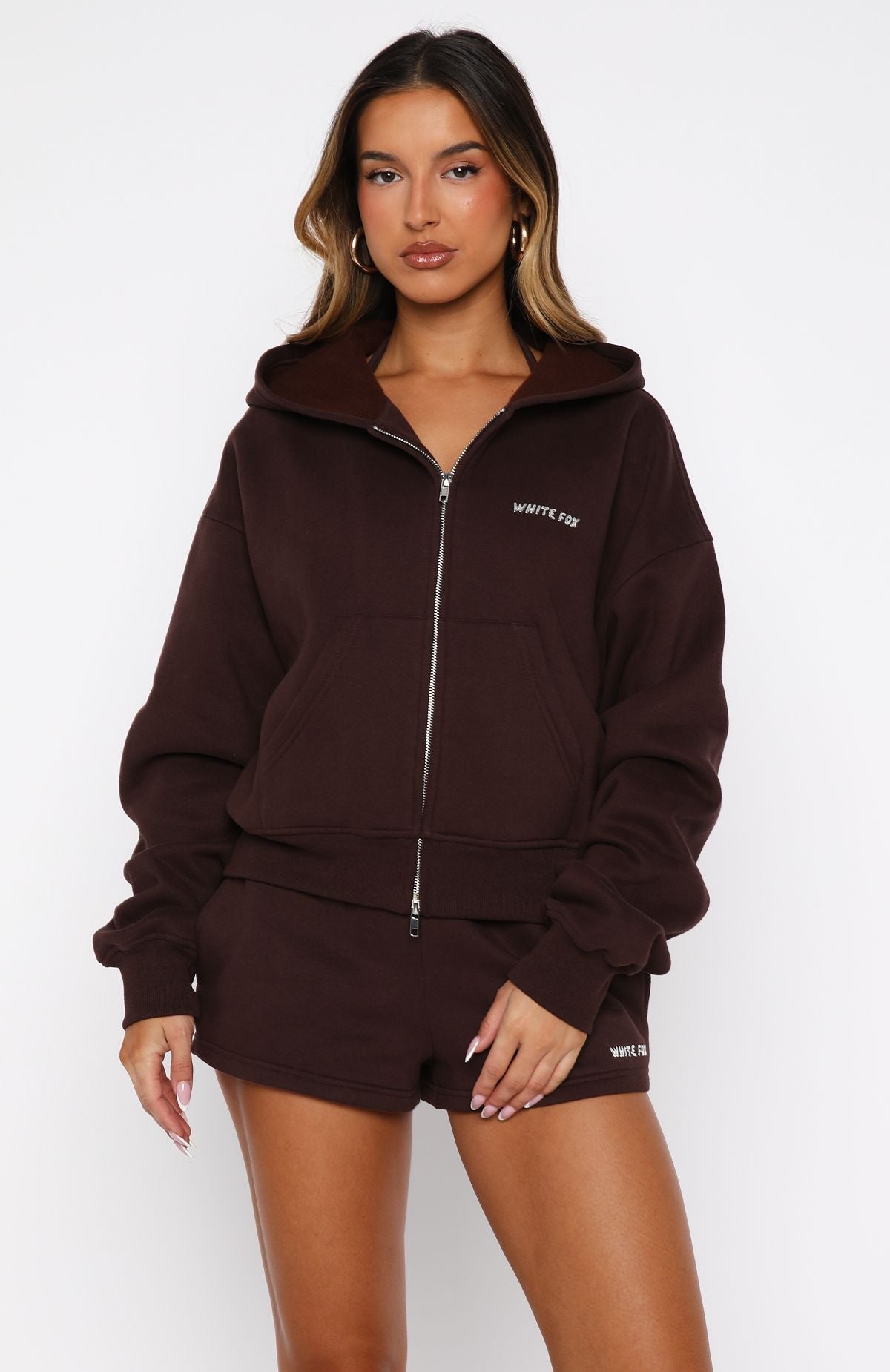 White Fox Test Drive Boxy Zip Front Hoodie Chocolate