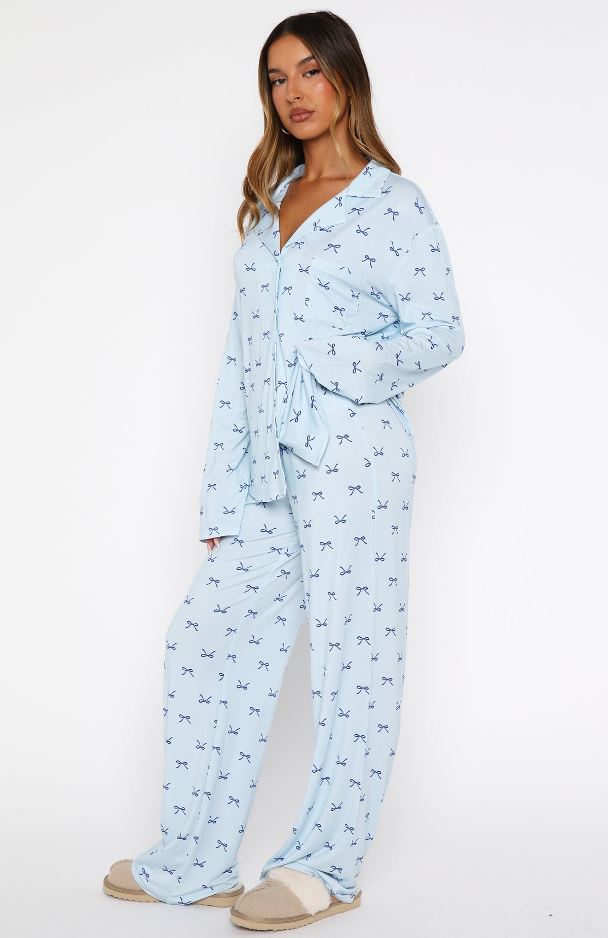 White Fox Pillow Talk Printed Long Sleeve Pyjama Set Sky Ribbons