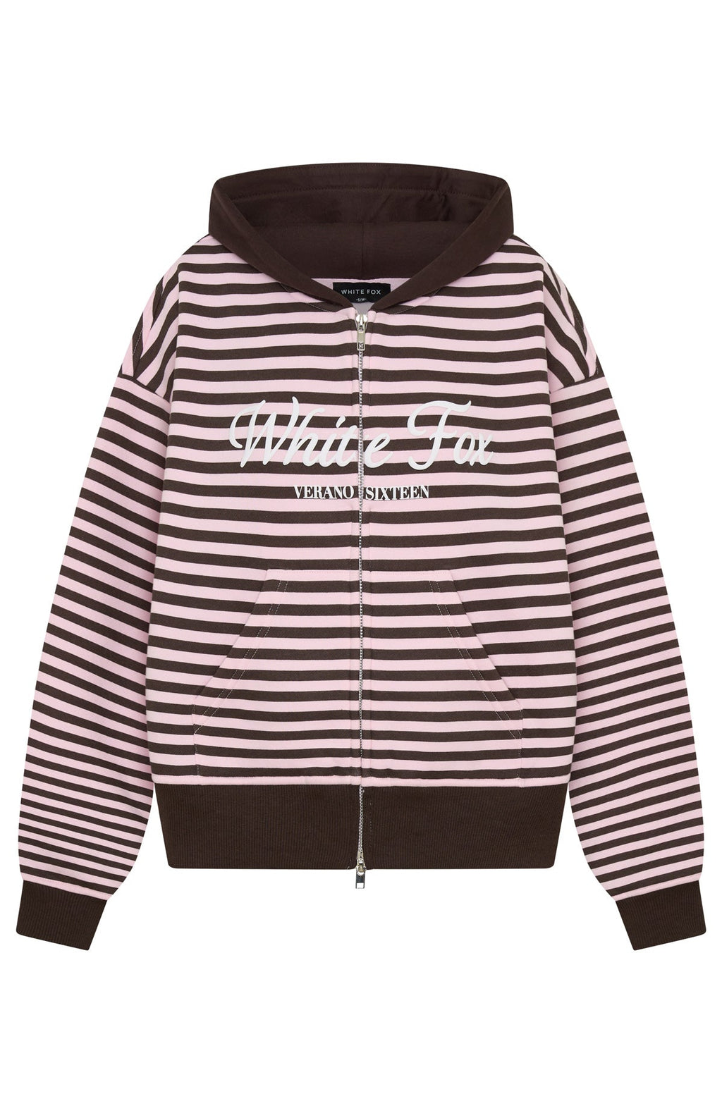 White Fox Verano Sixteen Maria Boxy Zip Front Hoodie Pink/Choc Stripe