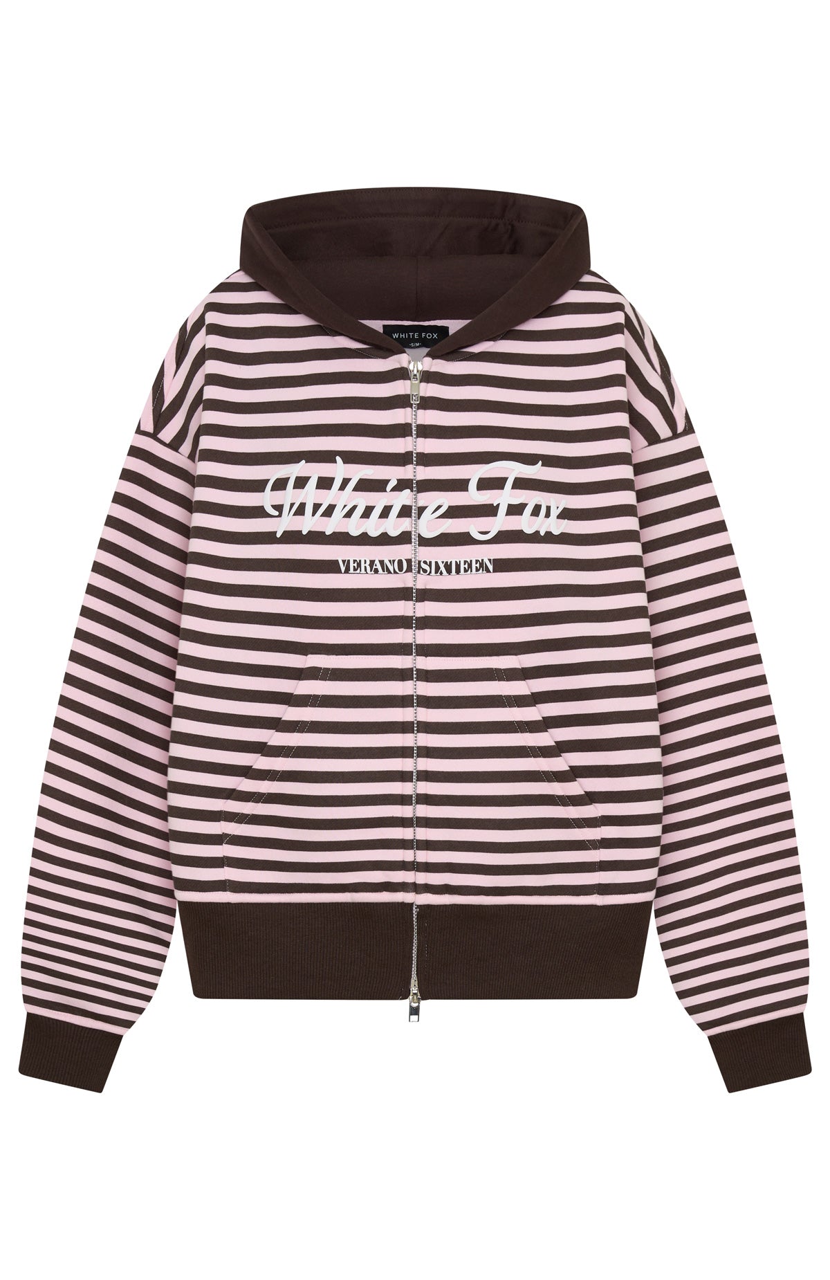 White Fox Verano Sixteen Maria Boxy Zip Front Hoodie Pink/Choc Stripe