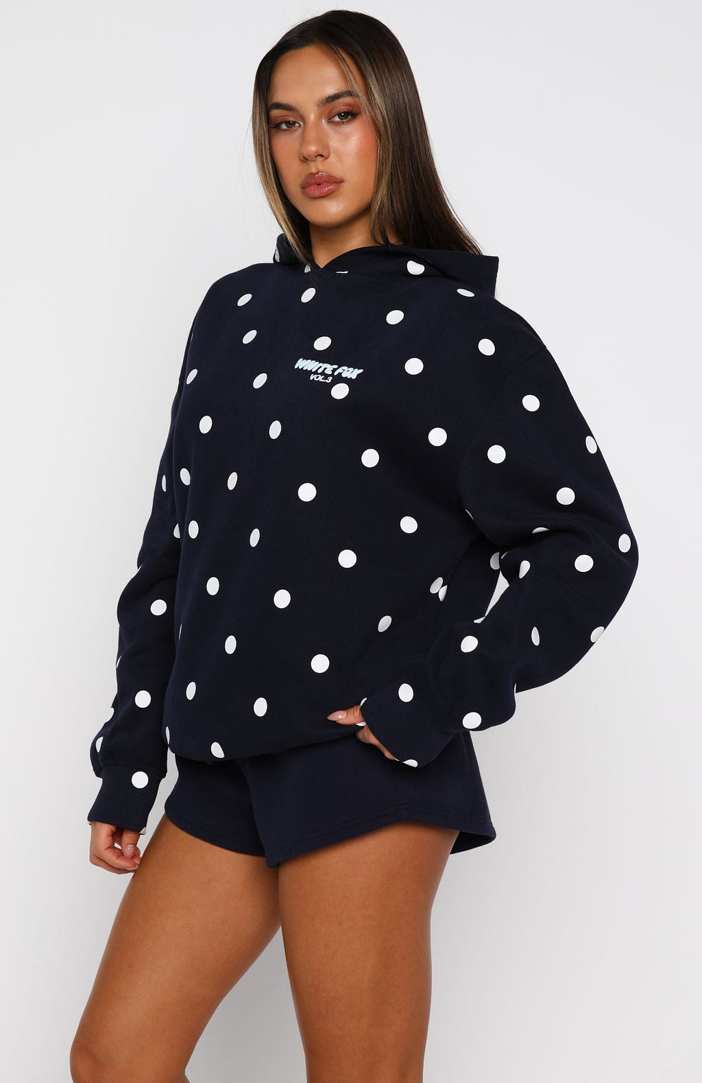 White Fox Offstage Printed Oversized Hoodie Navy Polka Dot