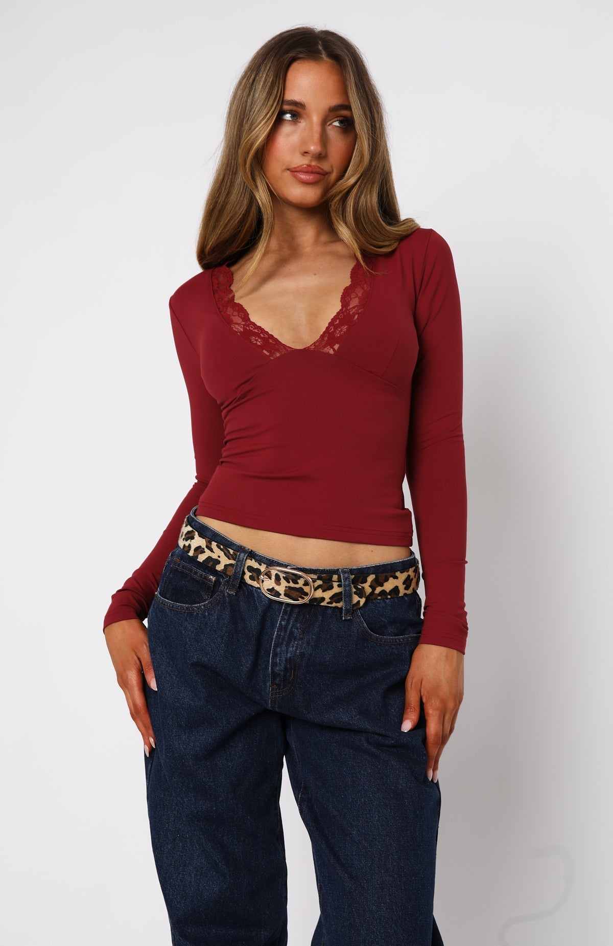 White Fox Knew That All Along Lace Trim Long Sleeve Top Wine