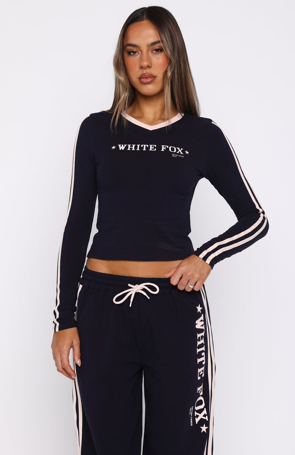 White Fox Star Of The Night Long Sleeve V Neck Baby Tee Navy