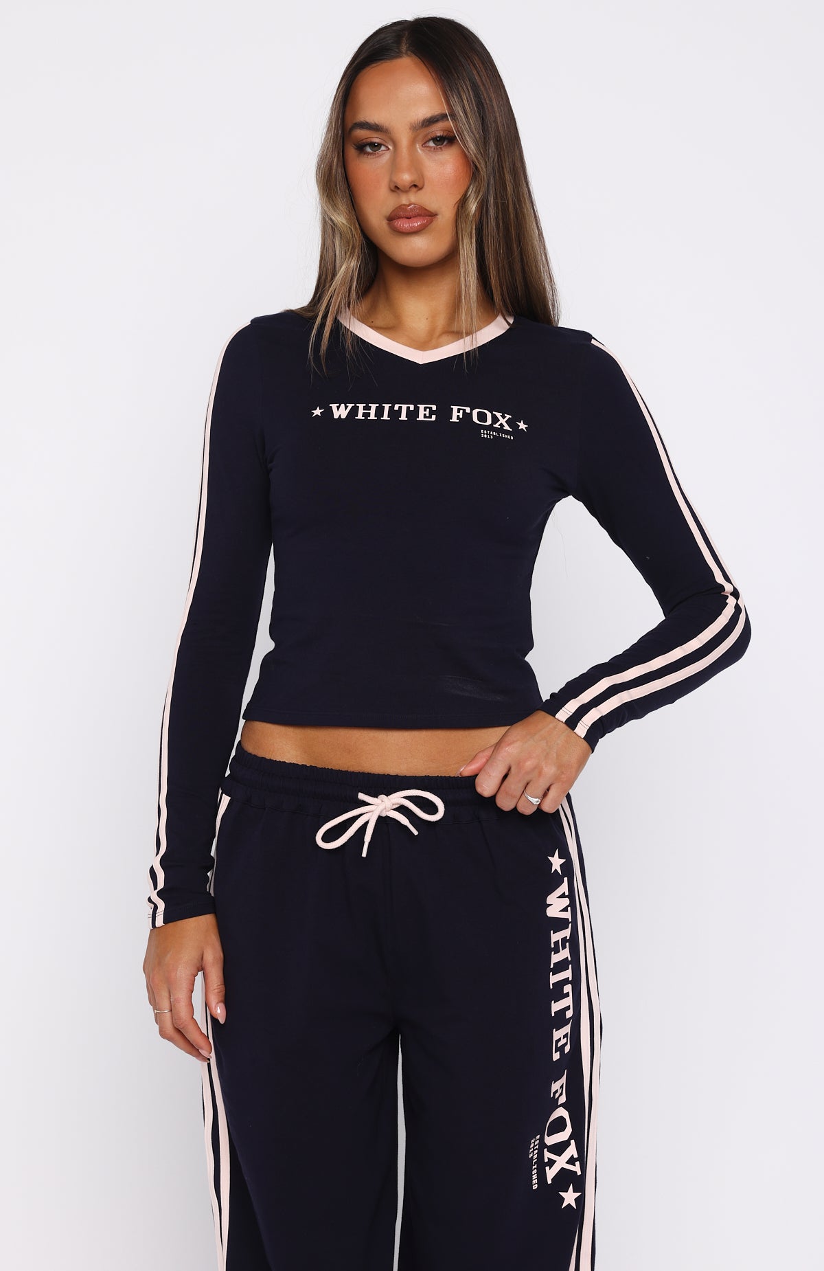 White Fox Star Of The Night Long Sleeve V Neck Baby Tee Navy