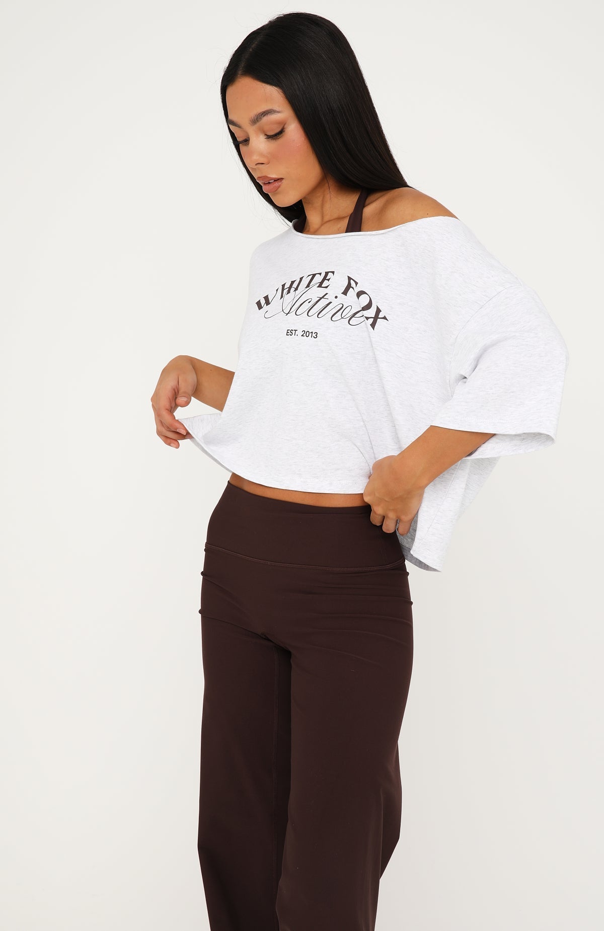 White Fox Far Away Off Shoulder Cropped Tee Grey Marle