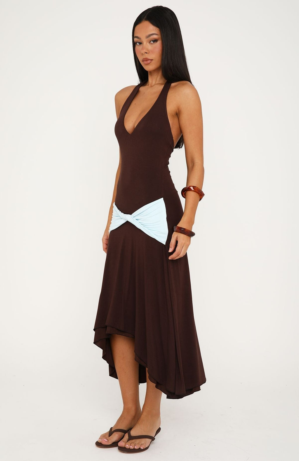 White Fox Simple Sweet Midi Dress Chocolate/Baby Blue