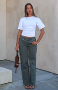 White Fox Bring The Style Low Rise Wide Leg Jeans Olive Wash