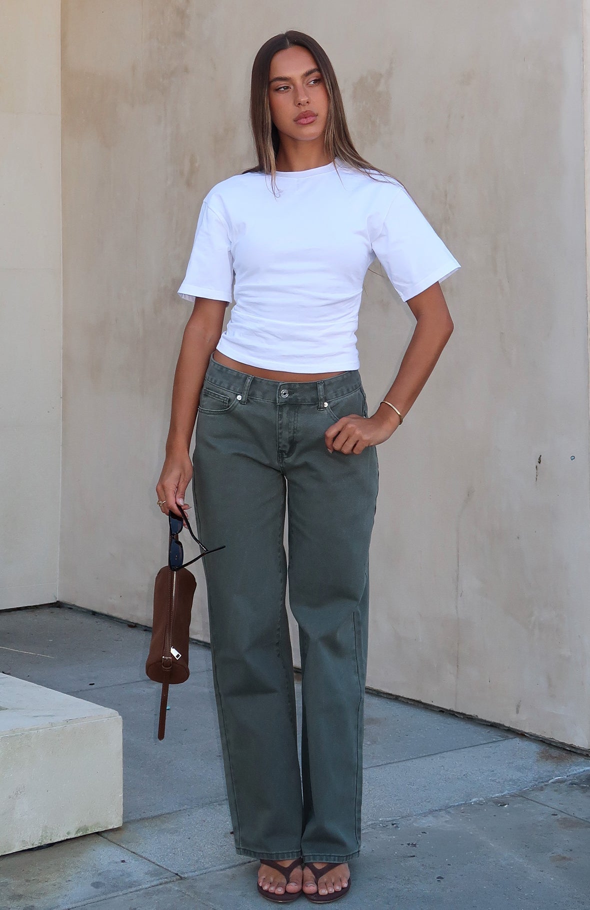 White Fox Bring The Style Low Rise Wide Leg Jeans Olive Wash