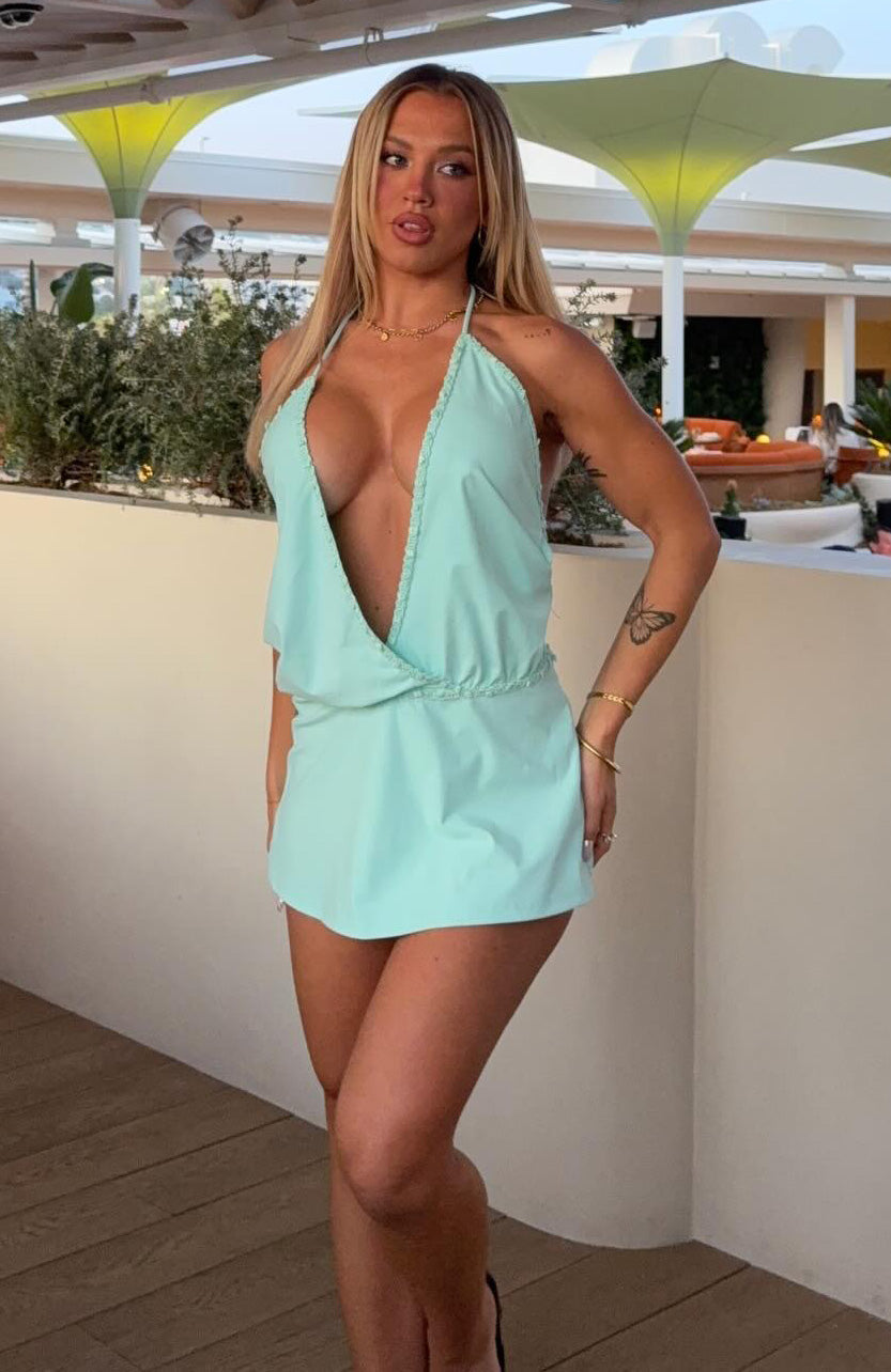 White Fox Sweet Cheeks Halter Mini Dress Turquoise