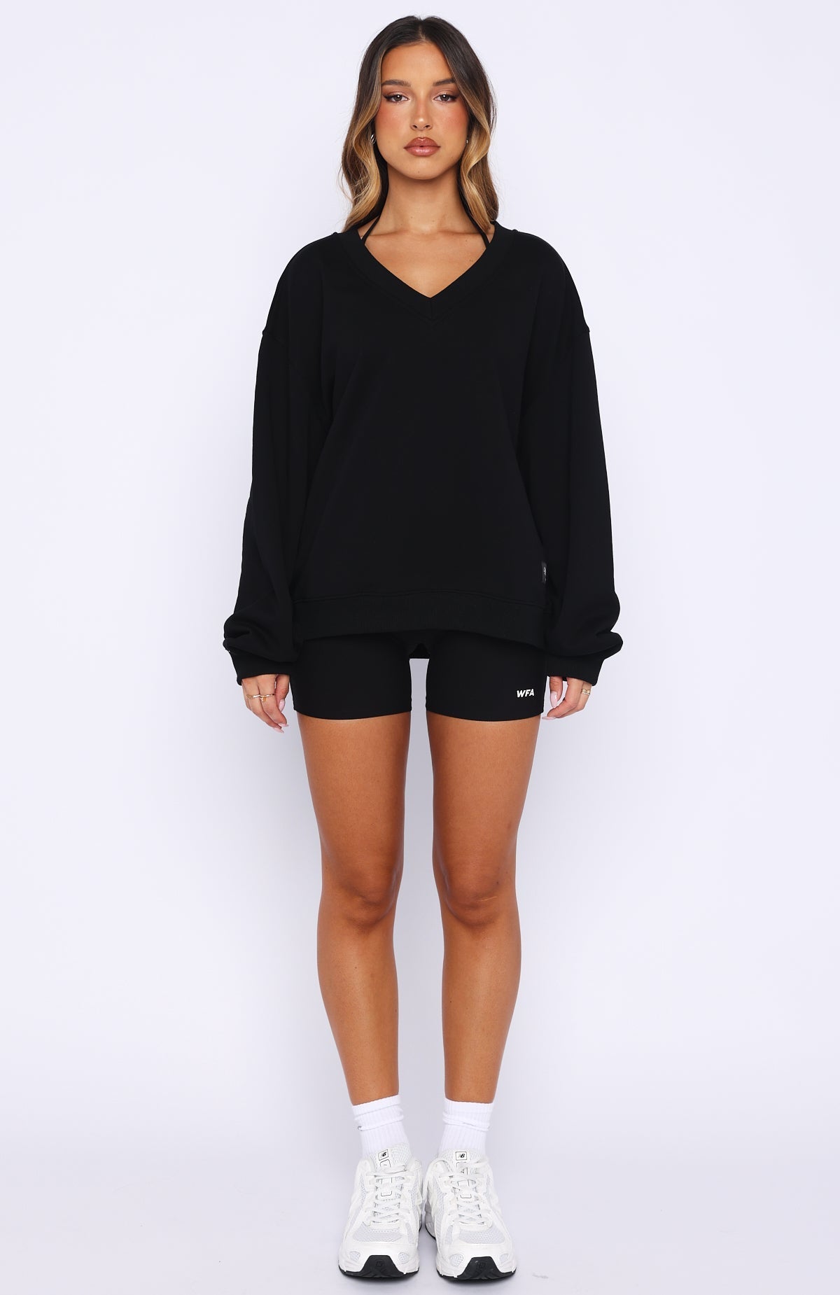 White Fox Shutting It Down V Neck Oversized Sweater Black