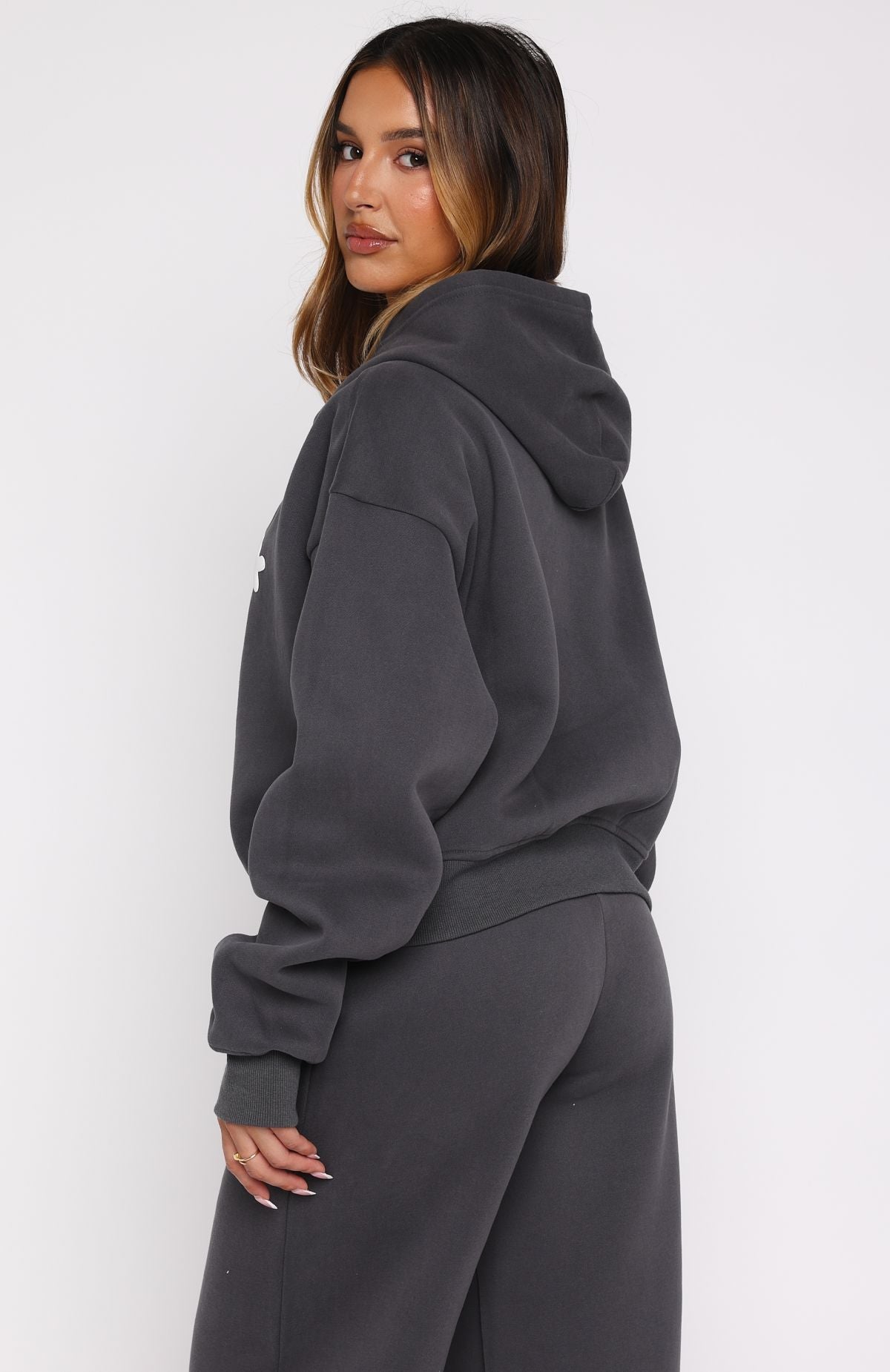 White Fox Lucky Thirteen Audrina Boxy Zip Front Hoodie Volcanic