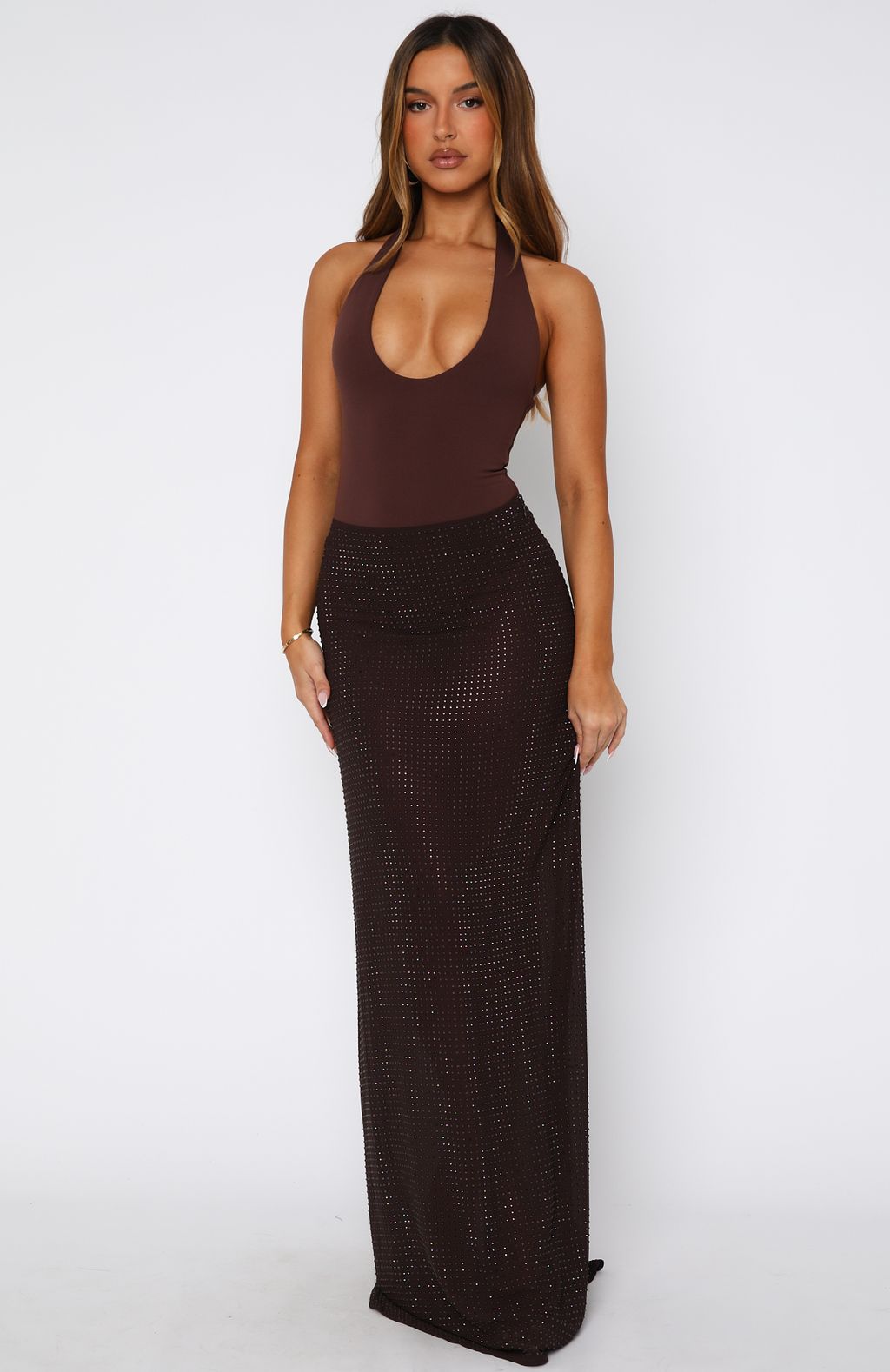 White Fox Prism Embellished Maxi Skirt Chocolate