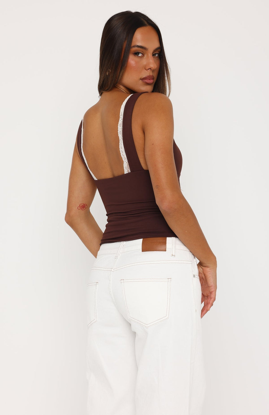 White Fox Key To My Heart Lace Trim Top Chocolate/Cream
