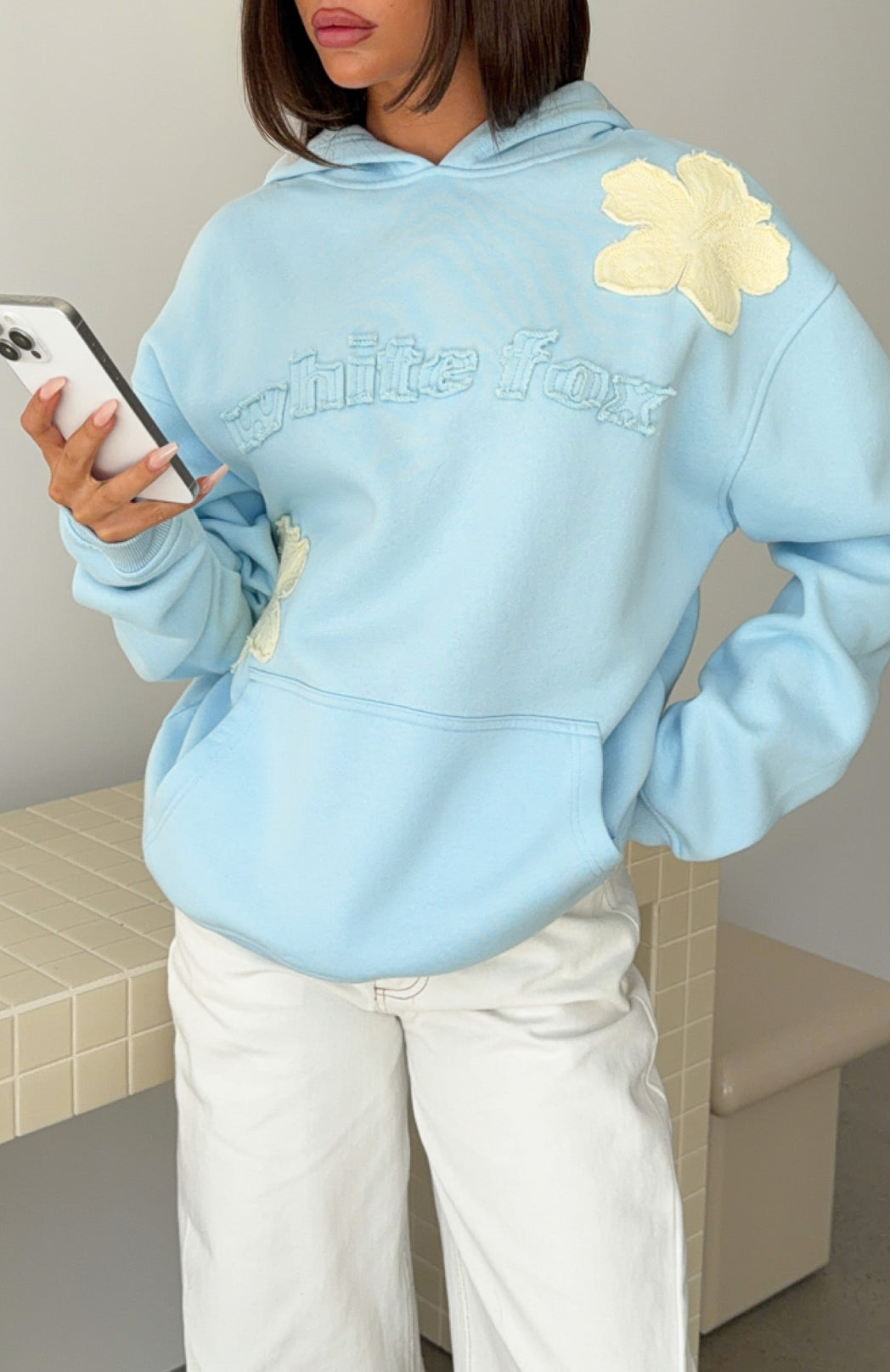 White Fox Sunkissed Bloom Oversized Hoodie Blue