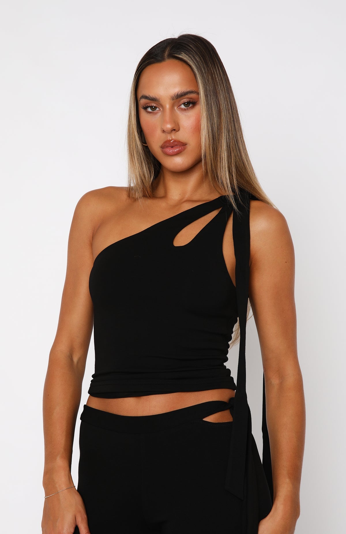 White Fox Reckless Romance One Shoulder Top Black