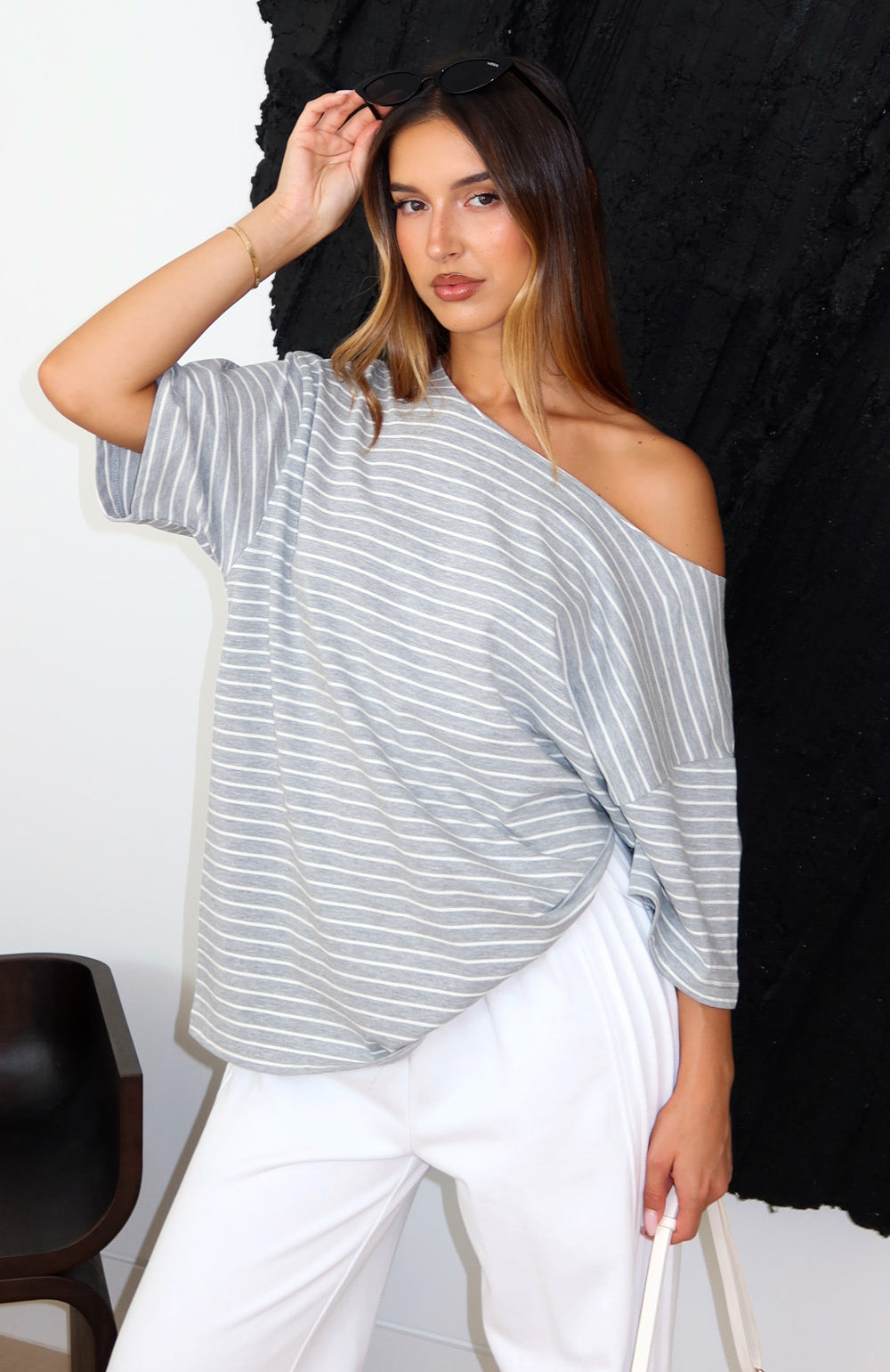 White Fox Give Me Options Off Shoulder Tee Grey/White Stripe