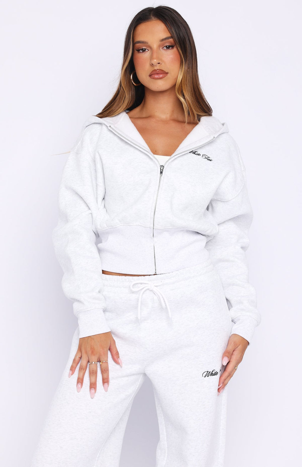 White Fox Wishing For It Cropped Cinched Zip Front Hoodie Grey Marle