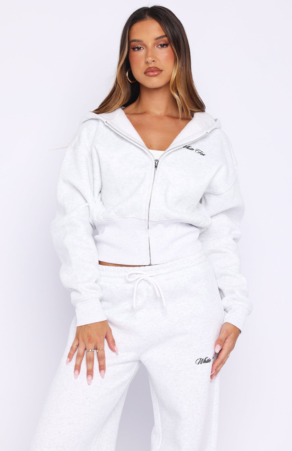 White Fox Wishing For It Cropped Cinched Zip Front Hoodie Grey Marle