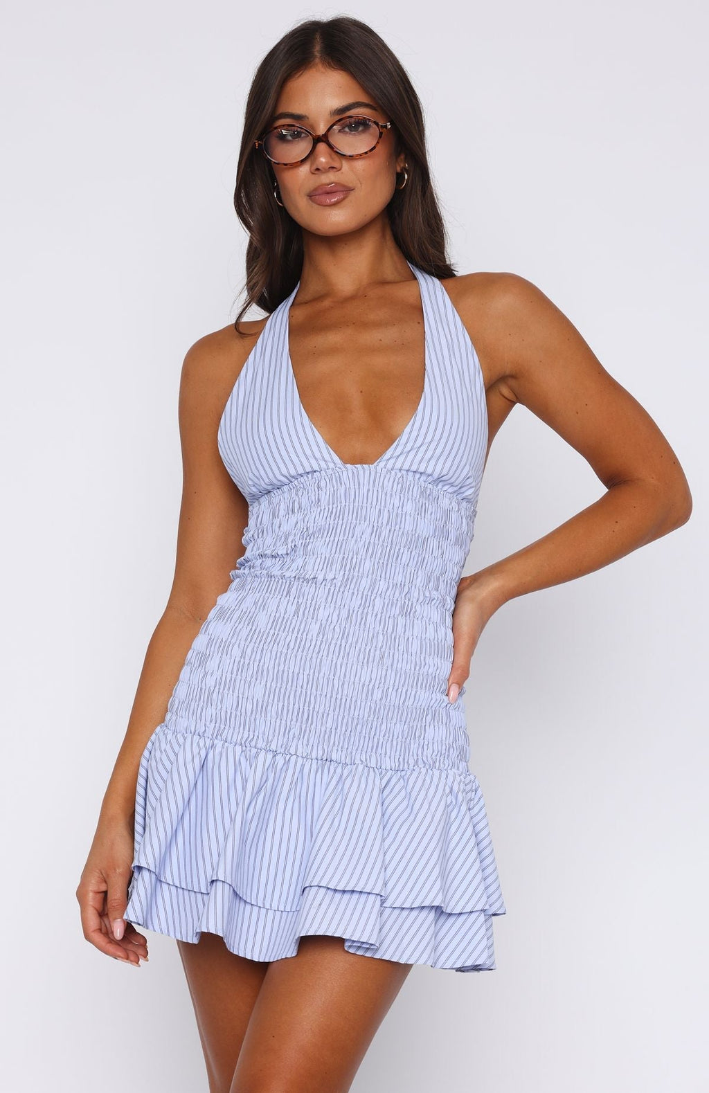 White Fox Doll Baby Shirred Mini Dress Sky Stripe