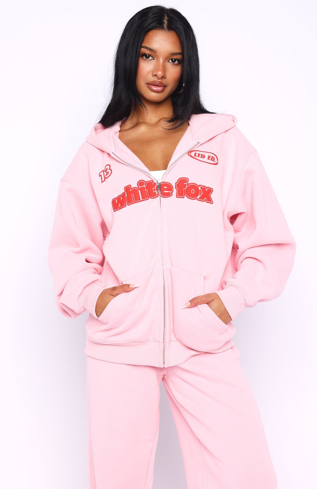 White Fox Ready To Go Zip Front Hoodie Pink
