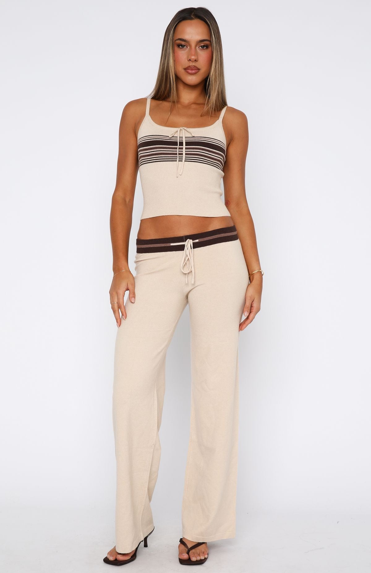 White Fox Keep Driving Knit Cami Top Chocolate Stripe